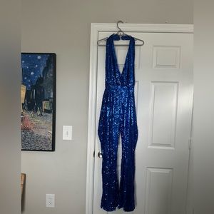 Blue sequin halter top jumpsuit size 8